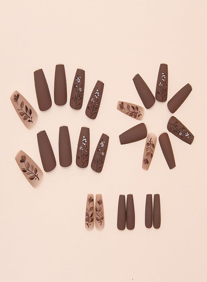 CJDLTS Brown Press on Nails Medium Matte Fake Nails Brown Flower Pattern Design Artificial Nails Solid Color Press Nails Full Cover Ballet Shaped Nails Acrylic Stick on Nails 24Pcs Glue on Nails for Women - Image 3